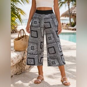 Cha Cha Vente Womens Pant Sz Large Black White Boho Wide Leg Cropped Stretch